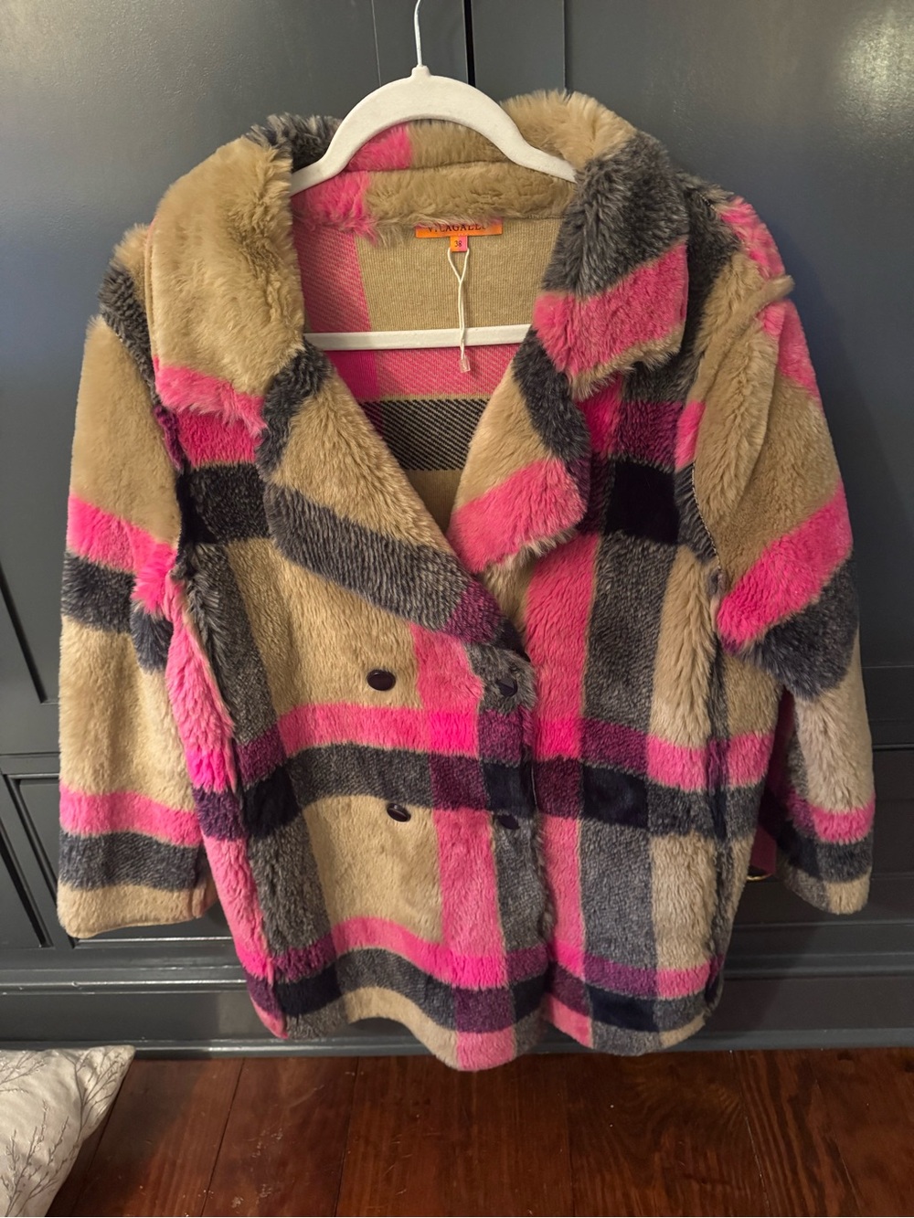 Anthropologie Hooded Plaid Teddy Coat in Pink, Tan & Gray - Picture 3 of 5